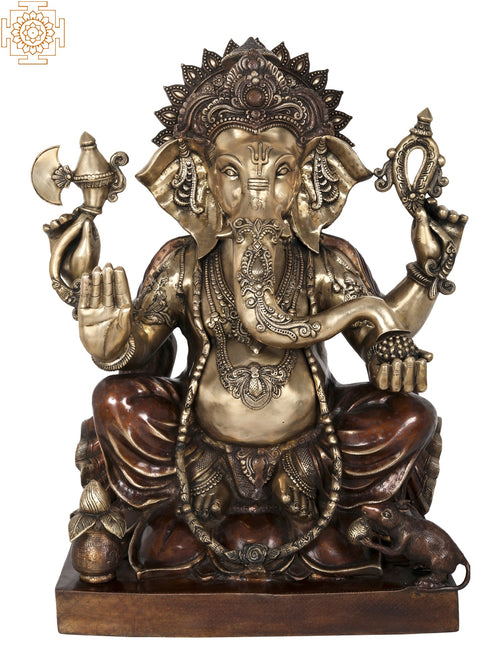 31" Large Blessing Ganesha Seated on Lotus Brass Handmade Statue