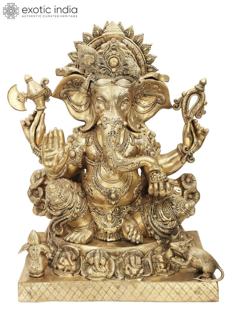32" Large Brass Ganesha Statue on Ashta-Ganesha Base Handcrafted