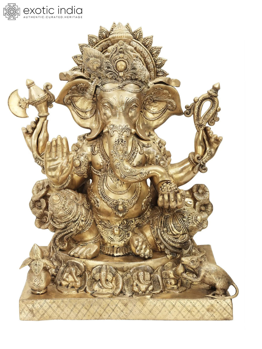 32" Large Brass Ganesha Statue on Ashta-Ganesha Base Handcrafted