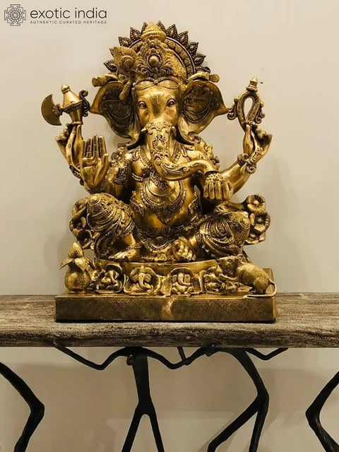 32" Large Size Blessing Ganesha Seated on Ashta-Ganesha Base In Brass | Indian Handcrafted Idol