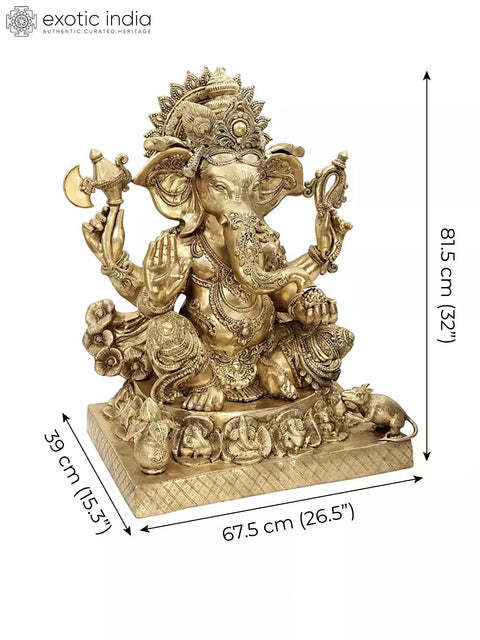 32" Large Size Blessing Ganesha Seated on Ashta-Ganesha Base In Brass | Indian Handcrafted Idol
