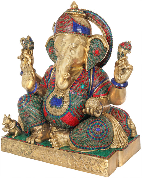 32" Lord Ganesha Brass Idol Decorated with Inlay Work