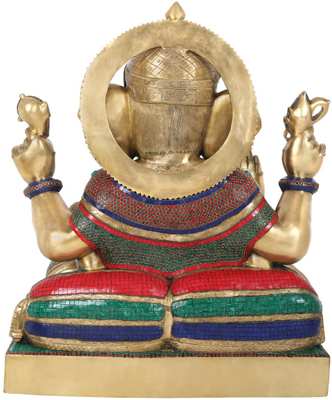 32" Lord Ganesha Brass Idol Decorated with Inlay Work