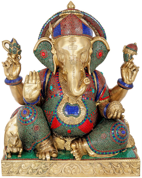 32" Lord Ganesha Brass Idol Decorated with Inlay Work