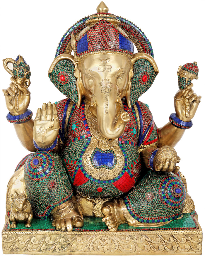 32" Lord Ganesha Brass Idol with Inlay Work Home Decor