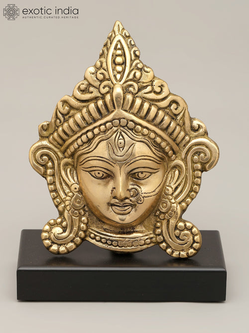 8" Brass Devi Durga Face Statue with Wooden Stand Handmade