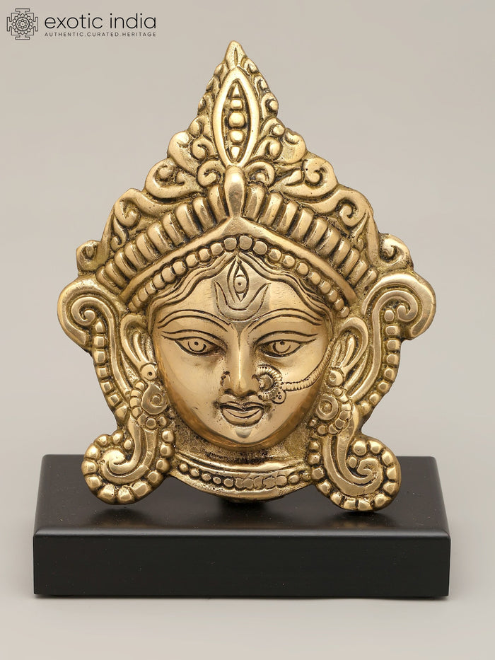 8" Devi Durga Face on Wooden Stand In Brass | Handmade | Made In India