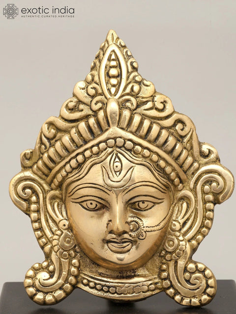 8" Devi Durga Face on Wooden Stand in Brass | Handmade | Made in India