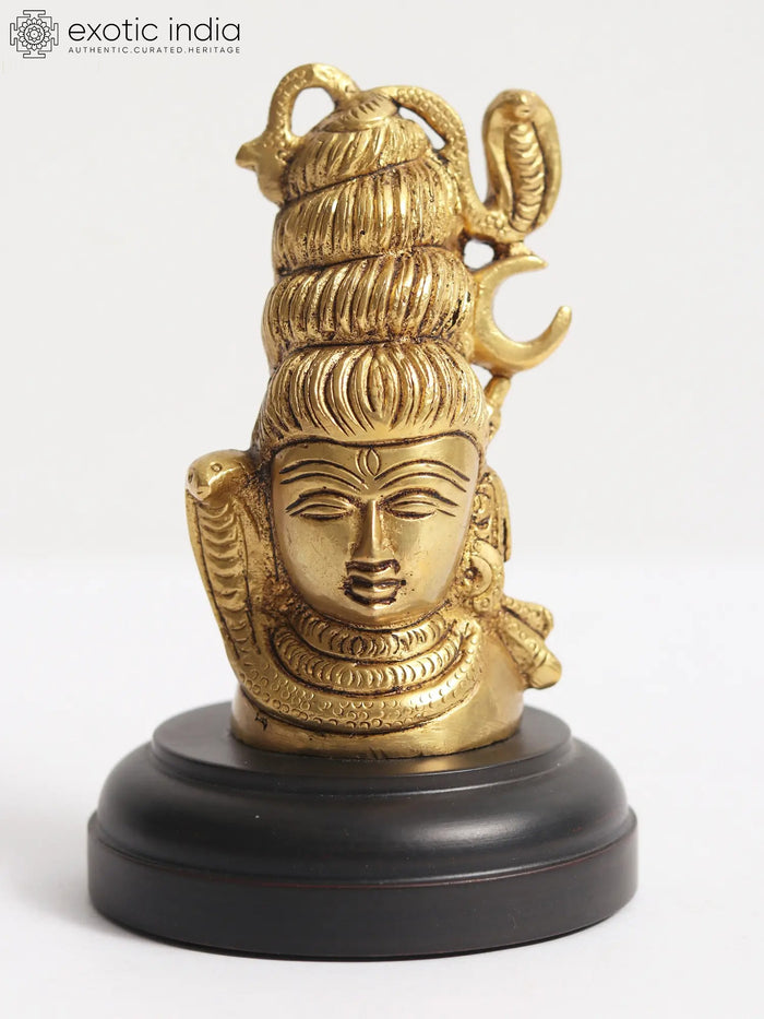 4" Handmade Brass Shiva Head Idol with Wooden Base