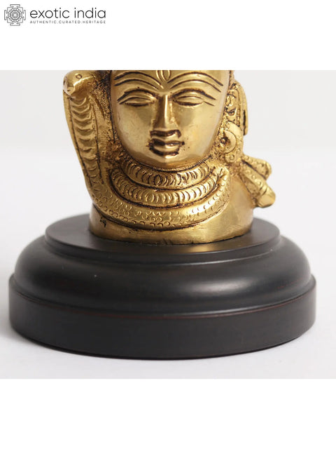 4" Small Brass Shiva Head Idol on Wooden Base