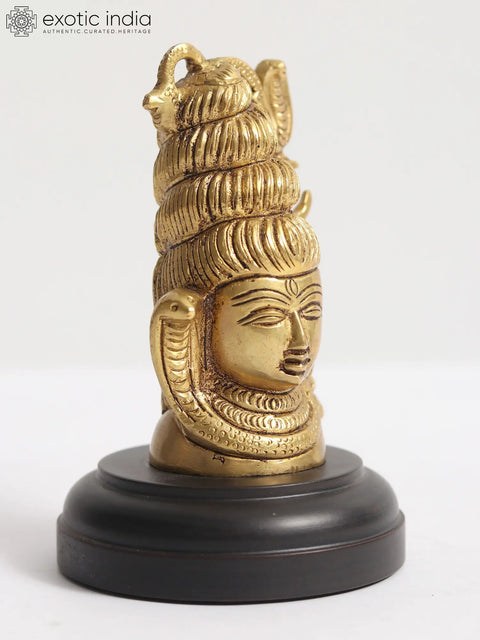 4" Small Brass Shiva Head Idol on Wooden Base
