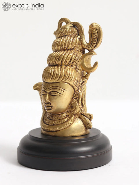 4" Small Brass Shiva Head Idol on Wooden Base