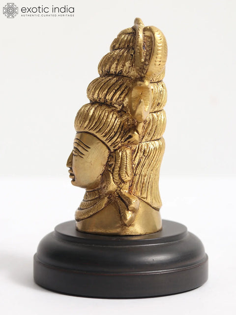 4" Small Brass Shiva Head Idol on Wooden Base