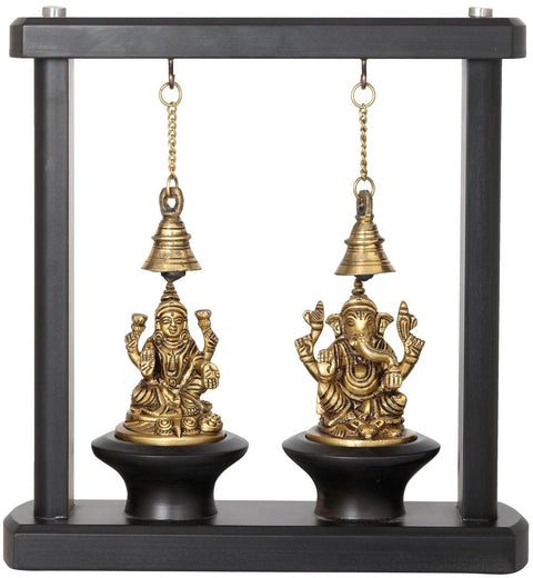 10" Lakshmi Ganesha Idol in Wooden Frame with Bells | Handmade Brass Figurine
