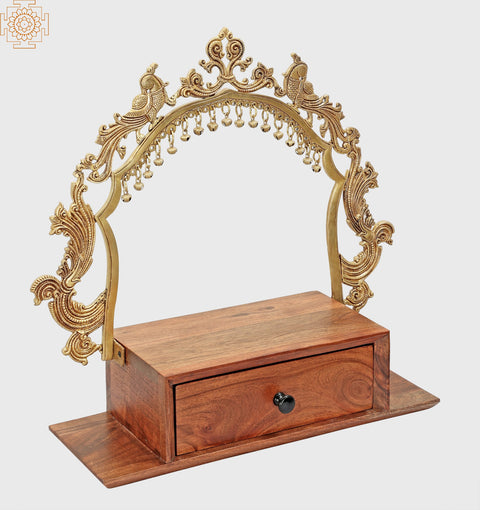 20" Temple-Altar with Prabhavali and a Drawer In Brass & Wood | Handmade