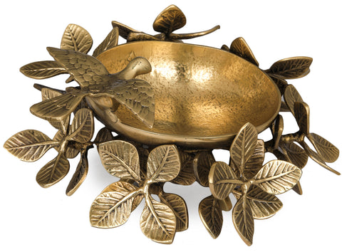 Handmade Designer Brass Urli with a Flying Bird on Leafy Stand