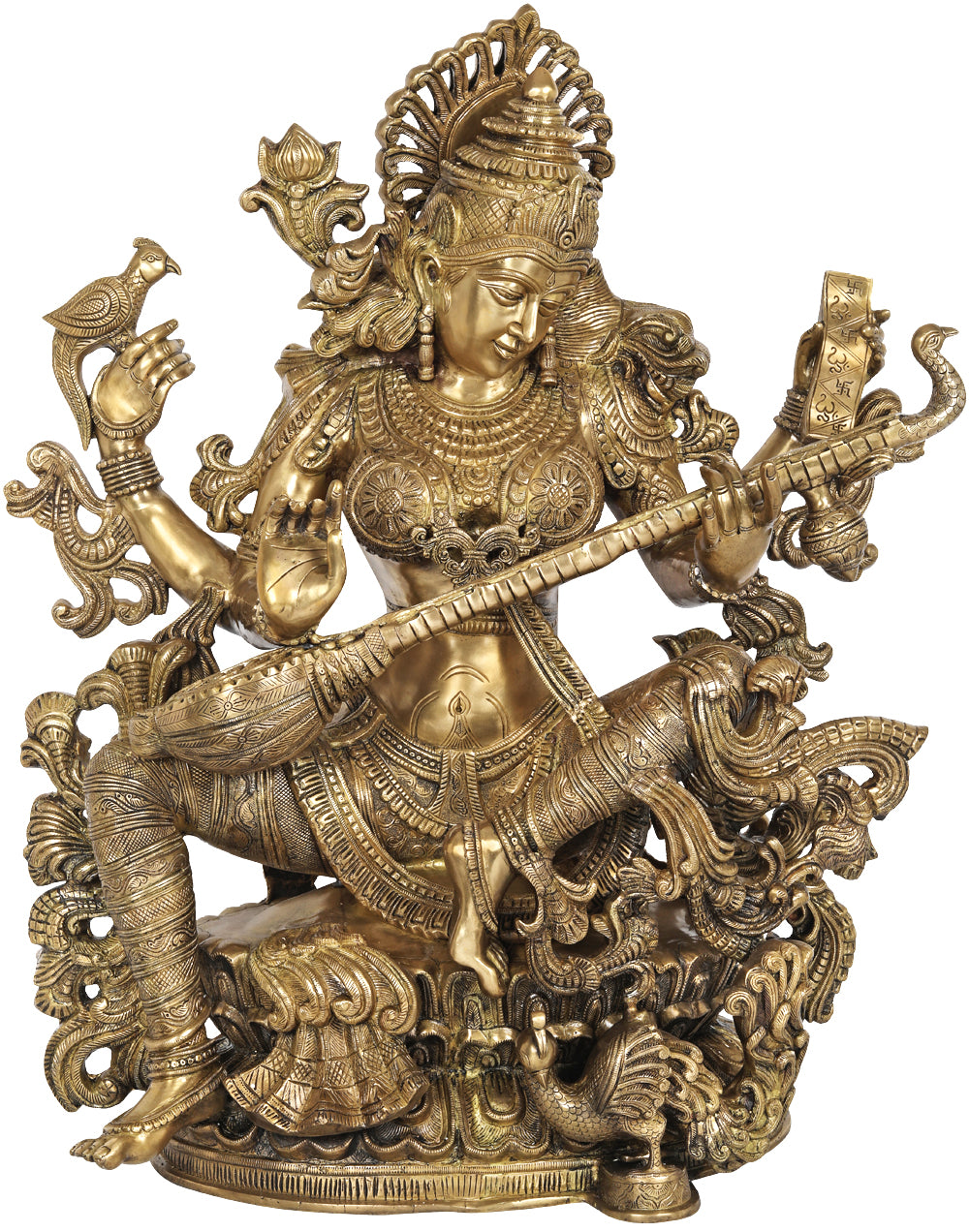 38" Devi Sarasvati, Cradling The Veena Like A Mother Her Baby | Indian Handcrafted Brass Idol