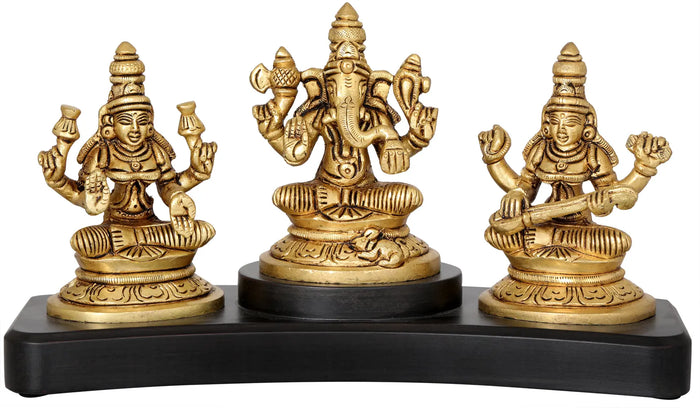 4" Brass Lakshmi Ganesha Saraswati Idol for Car Dashboard | Handcrafted in India