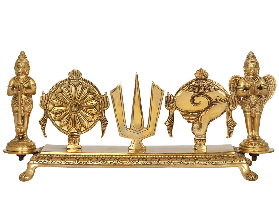 7" Brass Vaishnava Symbols with Hanuman and Garuda Statue
