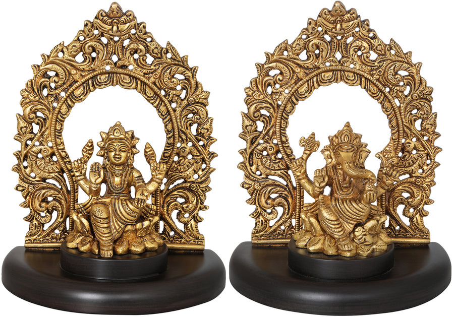 7" Lakshmi and Ganesha Handmade Brass Statue for Pooja