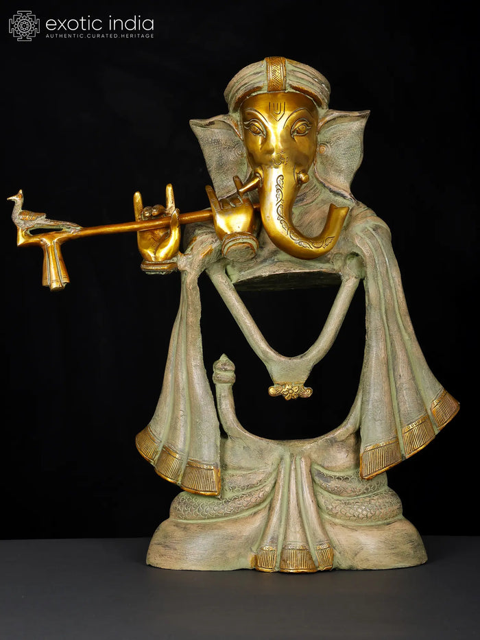 19" Handmade Stylized Fluting Ganesha Brass Idol