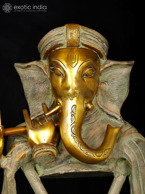 19" Stylized Fluting Ganesha In Brass | Handmade | Made In India