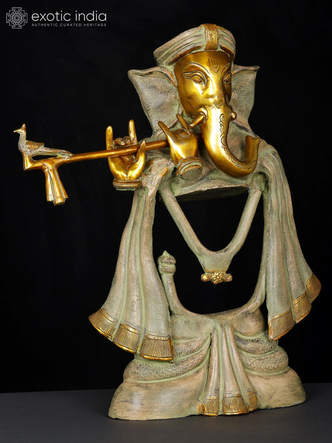 19" Stylized Fluting Ganesha In Brass | Handmade | Made In India