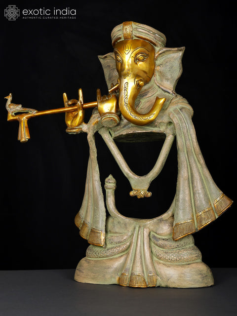 19" Stylized Fluting Ganesha In Brass | Handmade | Made In India