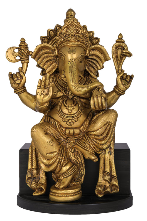 14" Handmade Brass Ganesha Idol on Wooden Chowki for Pooja