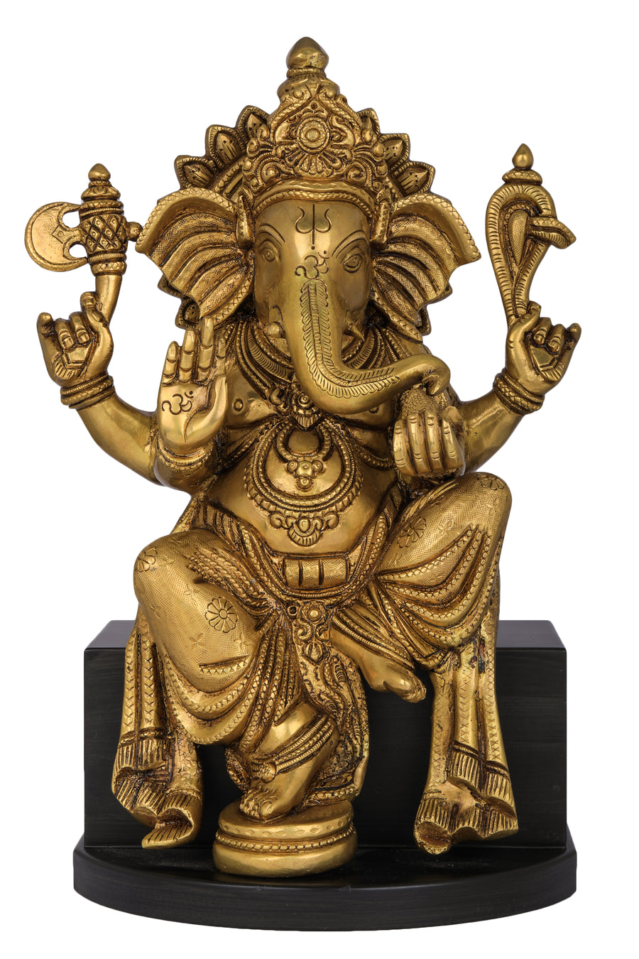 14" Handmade Brass Ganesha Idol on Wooden Chowki for Pooja