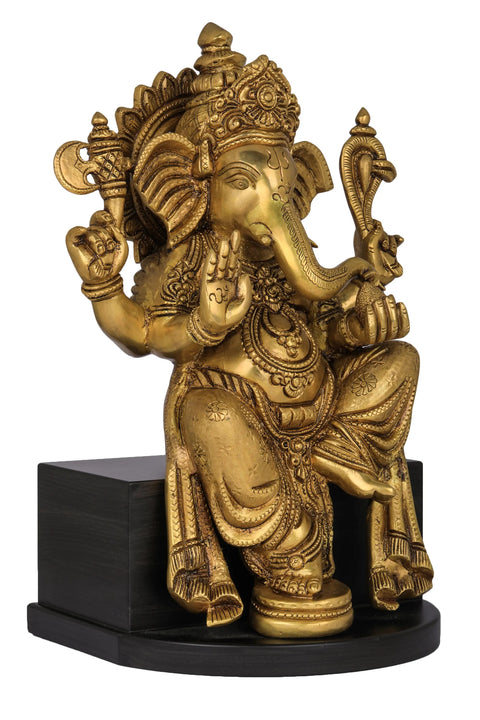 14" Bhagawan Ganesha Idol Seated on Wooden Chowki | Handmade Brass Statue