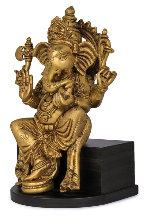 14" Bhagawan Ganesha Idol Seated on Wooden Chowki | Handmade Brass Statue
