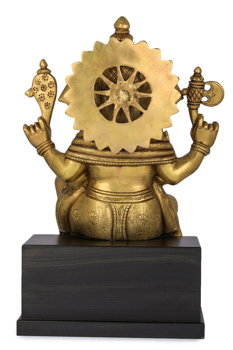 14" Bhagawan Ganesha Idol Seated on Wooden Chowki | Handmade Brass Statue