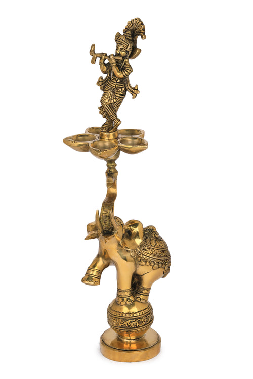 17" Lord Krishna Brass Lamp on Elephant Tusk - Handmade