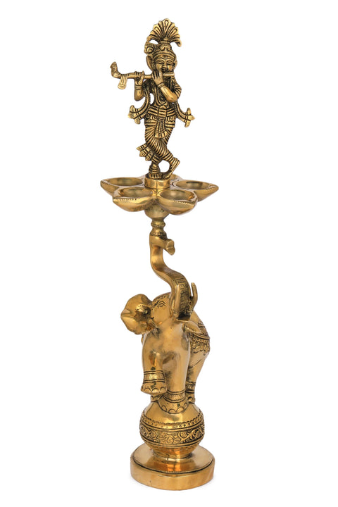17" Lord Krishna Lamp on The Tusk of Acrobatic Elephant in Brass | Handmade | Made in India