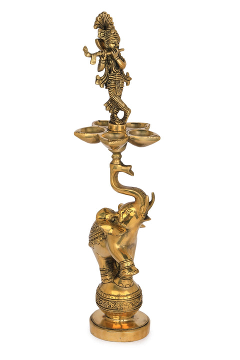 17" Lord Krishna Lamp on The Tusk of Acrobatic Elephant in Brass | Handmade | Made in India