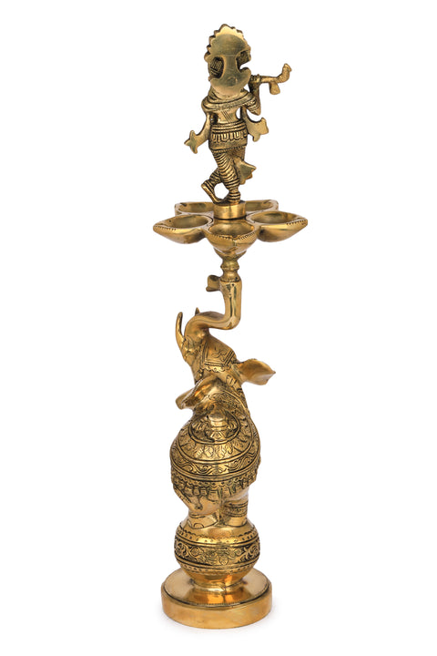 17" Lord Krishna Lamp on The Tusk of Acrobatic Elephant in Brass | Handmade | Made in India