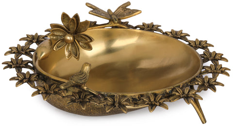 Designer Brass Urli Surrounded with Flowers and Perched Butterfly and Bird