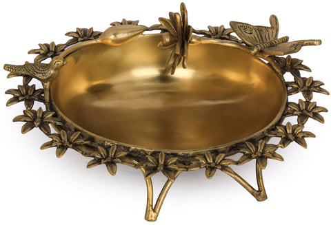 Designer Brass Urli Surrounded with Flowers and Perched Butterfly and Bird