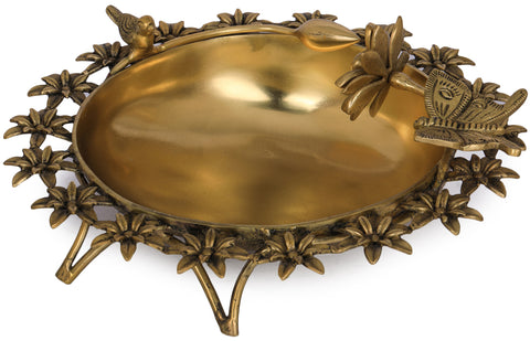 Designer Brass Urli Surrounded with Flowers and Perched Butterfly and Bird