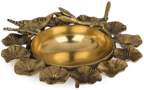Designer Brass Lotus Urli with Perched Bird and Butterfly