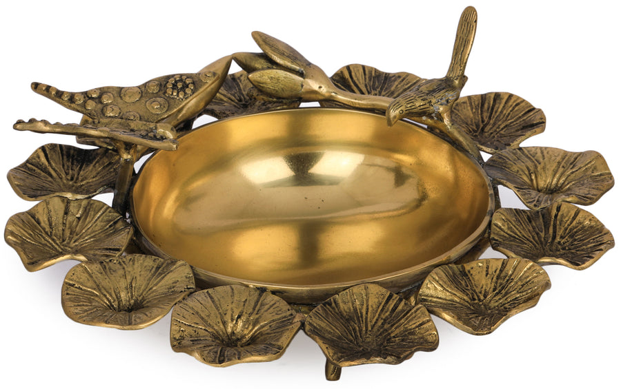 Designer Brass Lotus Urli with Perched Bird and Butterfly