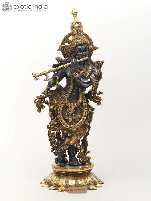 25" Lord Krishna Playing Flute Brass Statue with Lotus Pedestal