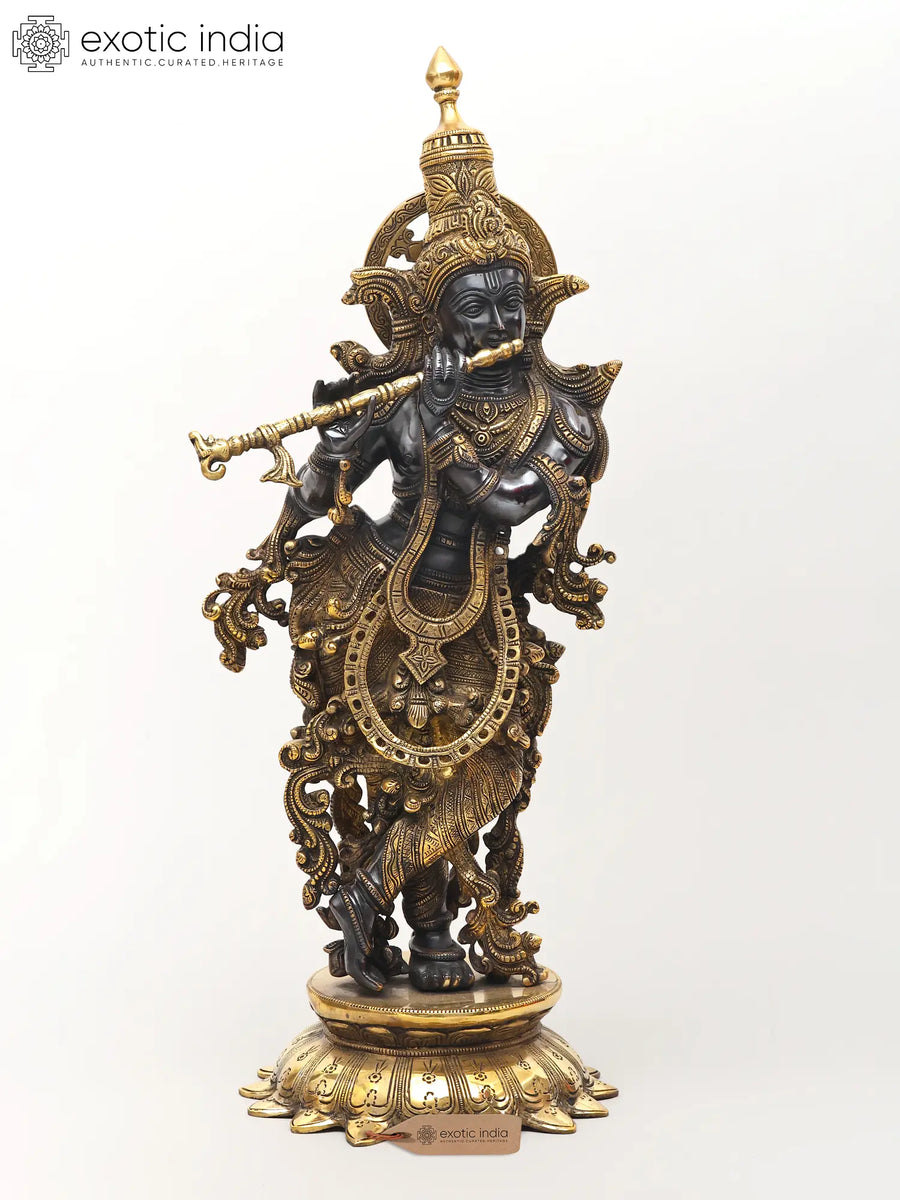 25" Lord Krishna Playing Flute Brass Statue with Lotus Pedestal
