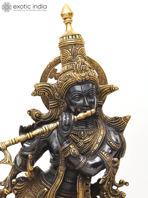 25" Superbly Adorned Lord Krishna Standing on Lotus Pedestal Playing Flute In Brass | Handmade | Made In India