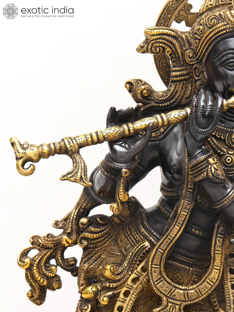 25" Superbly Adorned Lord Krishna Standing on Lotus Pedestal Playing Flute In Brass | Handmade | Made In India