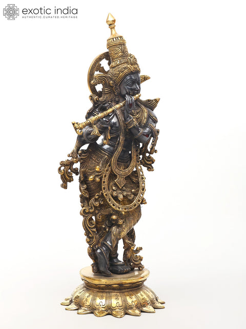 25" Superbly Adorned Lord Krishna Standing on Lotus Pedestal Playing Flute In Brass | Handmade | Made In India