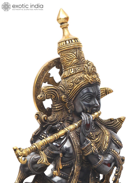 25" Superbly Adorned Lord Krishna Standing on Lotus Pedestal Playing Flute In Brass | Handmade | Made In India