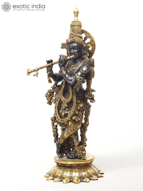 25" Superbly Adorned Lord Krishna Standing on Lotus Pedestal Playing Flute In Brass | Handmade | Made In India