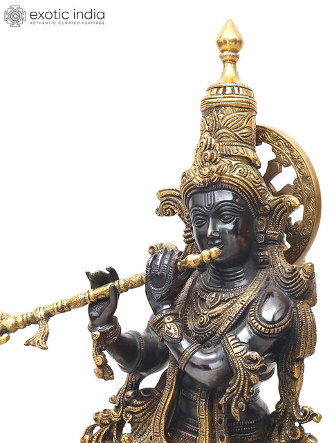 25" Superbly Adorned Lord Krishna Standing on Lotus Pedestal Playing Flute In Brass | Handmade | Made In India